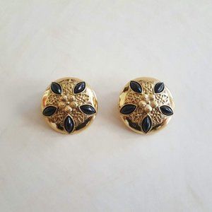 Vintage Gold Tone Black Flower Clip Ons